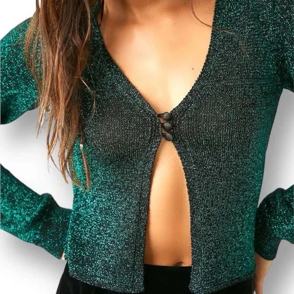 FREE PEOPLE Emmaline Metallic Cardigan Sweater in Alpine Combo - Picture 7 of 13